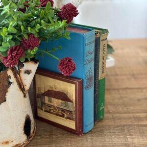 Vintage Red, Faux Leather “Old Curiosity Shop” Bookends” GUC/Match All Decor